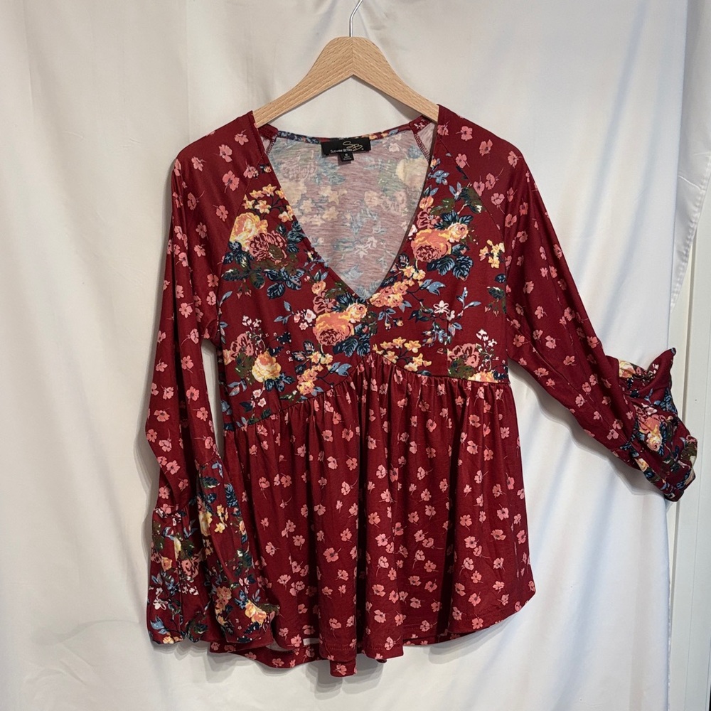 Suzanne Betro Burgundy Floral V‑Neck Peasant Tunic SZ M Babydoll